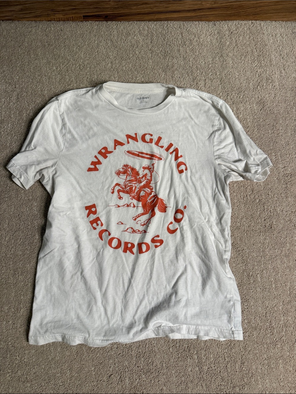 Old Navy White Short Sleeve Tee with Orange 'Wrangling Records Co.' Graphic